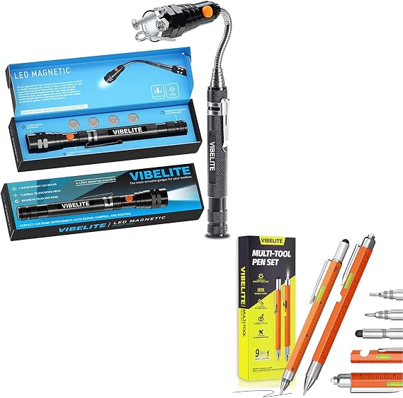 Extendable Magnetic Flashlight with Telescoping Magnet Pickup Tool, 2Pack 9 in 1 Multitool Pen Set with LED, Stylus, Level, Screwdriver, Stocking Stuffers for Men Him Husband Dad Father, Orange