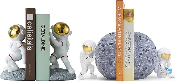 Space Themed Bookends & Decor Set - Astronaut Moon Theme (2 Pack, Black, Grey, Silver Resin)