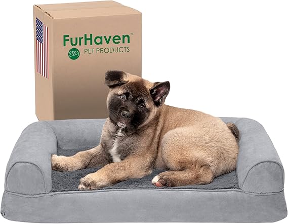 Furhaven Memory Foam Dog Bed for Medium/Small Dogs w/ Removable Bolsters & Washable Cover, For Dogs Up to 35 lbs - Plush & Suede Sofa - Gray, Medium