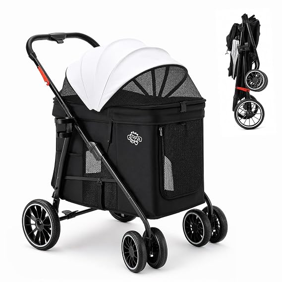 Dog Stroller for Medium Dogs, 4 Wheels Pet Stroller for 2 Small Dogs or 1 Medium Dogs, Cat Stroller Up to 80 lbs, Dual Entry Design, Foldable Design, Sun Shades, Breathable Mesh, Black