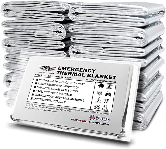 EVERLIT Survival Emergency Mylar Thermal Blankets -Space Blanket Survival kit Camping Blanket Perfect for First Aid Kit, Outdoors,Hiking,Survival,Bug Out Bag,Marathons (Silver, 12 Pack)