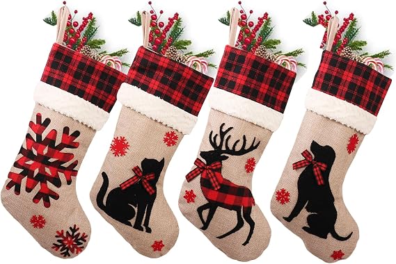 Large Christmas Stockings with Reindeer Snowflake Cat Dog Pattern, 4 Pack 18" Christmas Stockings Burlap Plaid Xmas Stocking Holiday Christmas Decoration Gifts for Family (Traditional, Set of 4)