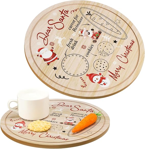 Santa Cookie Plate Dear Santa Christmas Cookies Plate Christmas Treat Santa Tray Wooden Tray Plate Platter Mat Wood Plates Christmas Decorations for Kids Christmas Supplies (Round)