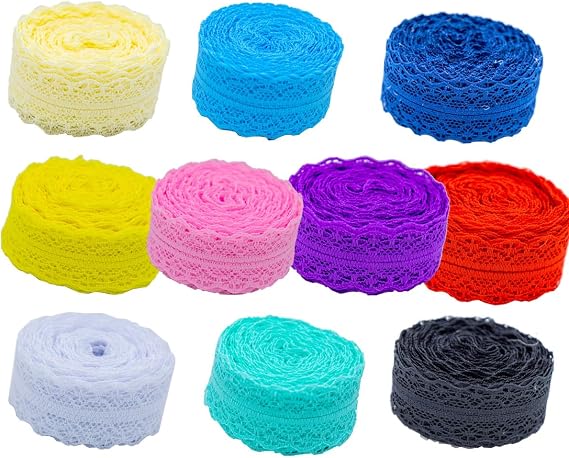 10 Rolls 1.2in10 Yards Colorful Lace Trim Ribbon, Bilateral Floral Pattern Fabric, Vintage Lace Ribbon Crafting for Gift Wrapping, Flower Design, Sewing, Totally 100 Yards