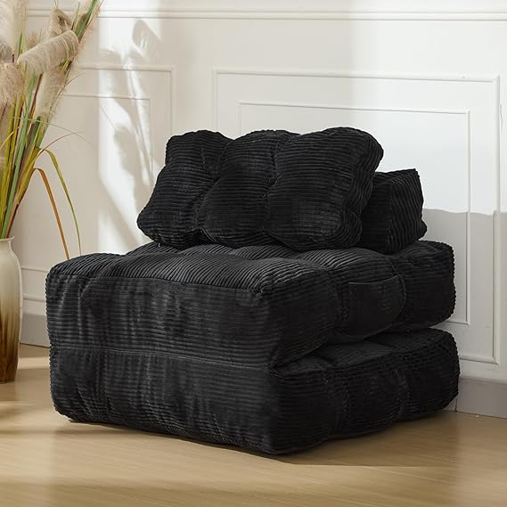 Folding Sofa Bed,Folding Convertible Sofa Bed with Pillow Foldable Mattress&Side Pocket,Comfy Portable Sleeper Chair Floor Sofa Lounge for Living Room Bedroom, No Assemble Required,Black