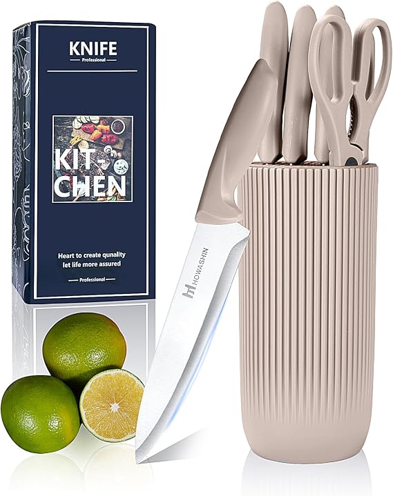 Khaki Kitchen Knife Set with Block, Professional High Carbon Stainless Steel, 6Pcs Home Kitchen Cooking Knives, Sharp Non-Stick Sharp Blade Chef 's Knife Set with Cylindrical Knife Block