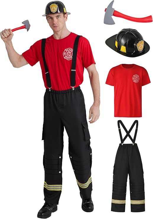 Men's Firefighter Costume, 4-Piece Fireman Cosplay Set, Helmet, Accessory | Includes shirt, suspender pants, helmet and toy axe; reflective trim, cargo pockets and knee patches for Halloween role play