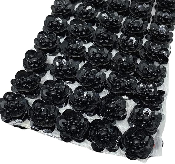 100 Pack Beaded Sequin Flower Sew on Patches Glitter Mini Crystal Paillette Applique Cloth Motif for DIY Wedding Garment Bags Accessory Hair Headband Decor (Black)