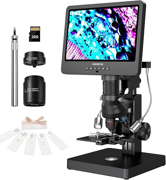 Andonstar AD269S 20X-5000X HDMI Digital Microscope with 10.1'' LCD Screen for Adults Kids, Home Lab Biological Microscope Kit with Slides, Full View for Coins, Windows Compatible