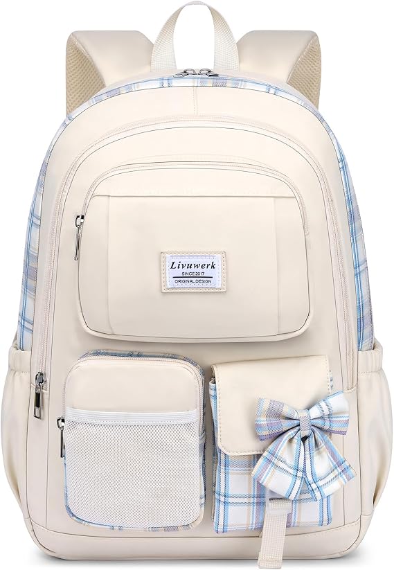 LIVUWER School Backpack for Teen Girls - Cute 15.6 Inch Bookbag for Middle High School Casual Daypack for Students Large College Backpacks Travel Daypacks Laptop Computer Bag for Women Beige