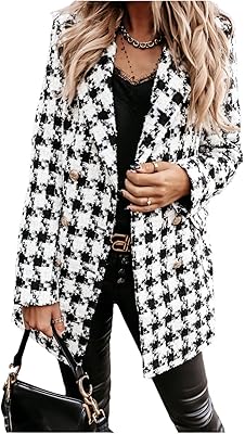 utcoco Womens 2025 Fashion Tweed Blazers Business Casual Double Breasted Open Front Plaid Blazer Jackets