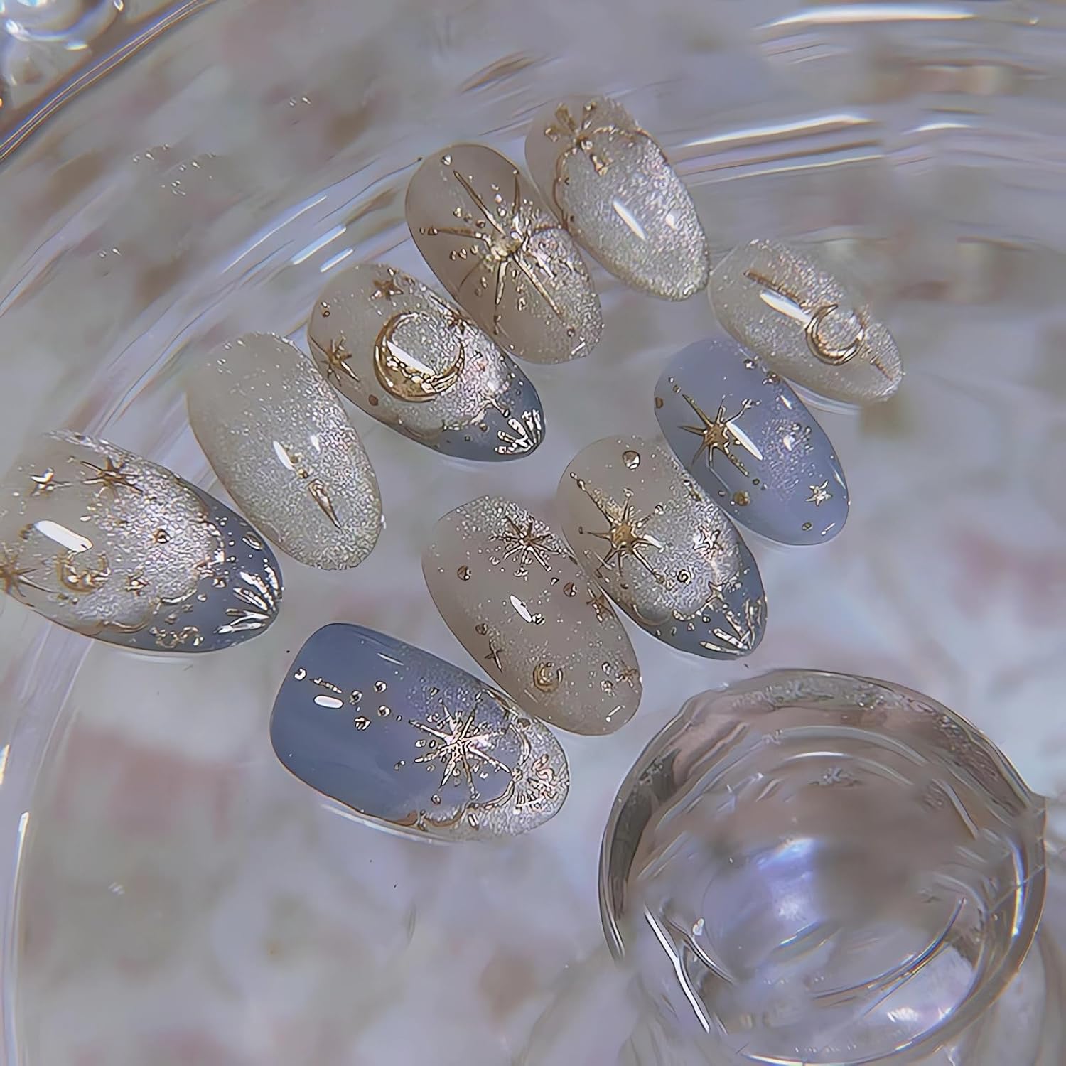 Short Oval Press on Nails Blue Cat Eyes Fake Nails with Star Moon Designs | Cute French Tip False Nails Glossy Gel Acrylic Nails Short Glue on Nails Summer Ombre Stick on Nails for Women 24Pcs