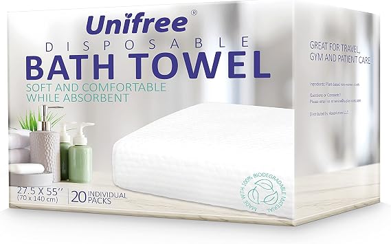 Unifree Disposable Bath Towels Camping Towel I Gym Towel I Barber Towel 20 Count, Individually Packed, Large Size 27.5 by 55 inches (27.5x55)