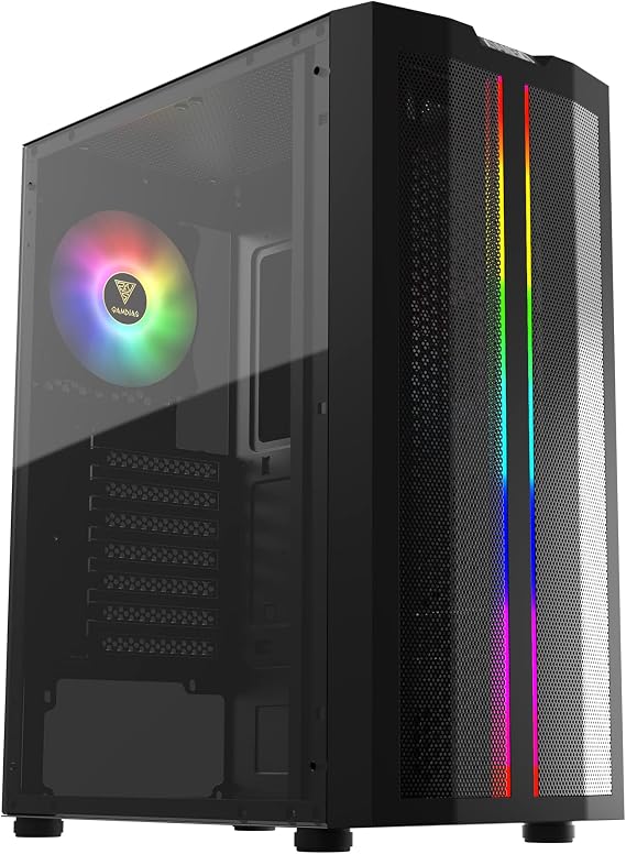 GAMDIAS ATX Mid Tower Gaming Computer PC Case with Side Tempered Glass 120mm ARGB Case Fan with ARGB LED Lighting Strip 5V Sync RGB Motherboard Super Breathable