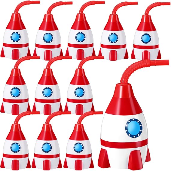 Tanlade Space Plastic Cup Bulk, Rocket Cup with Straw,12 Pcs,Red | Universe Themed Party Favor, Reusable Outer Space Party Supplies, For Back to School, Kids Birthday Gifts