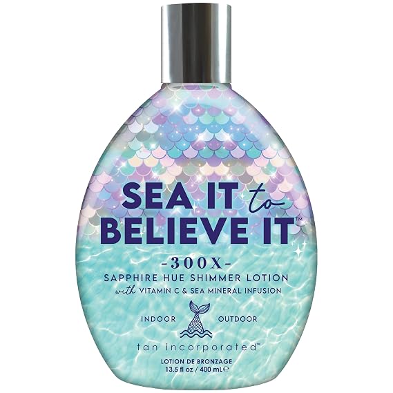 Brown Sugar Sea It to Believe It 300X Anti-Orange Lotion, 13.5 Fl Oz | Sapphire hue shimmer tanning bronzers balance warm tones with vitamin C, sea minerals & carrot oil, Tahitian Sunrise scent
