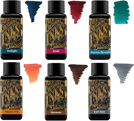 Diamine - 30ml Fountain Pen Ink - Colour Wheel - 6 x Bottles - Autumn Oak, Syrah, Macassar, Earl Grey, Aurora Borealis, Twilight
