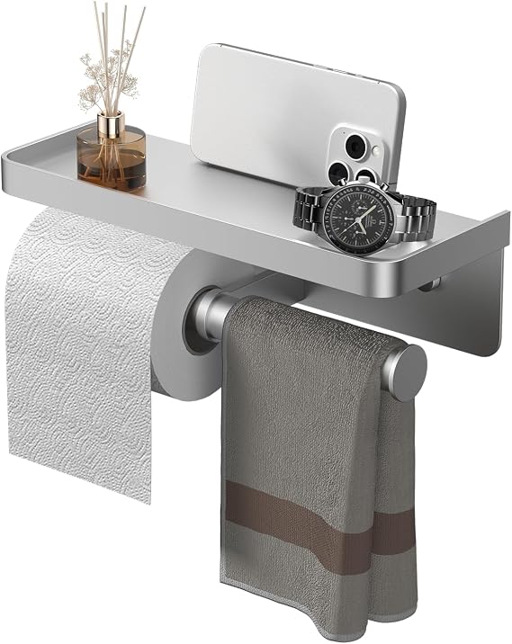 Double Toilet Paper Holder with Shelf, iMonse Paper Towel Holder Wall Mount,Tissue Roll Holder for Bathroom Kitchen RV, Double Tissue Roll Rack with Adhesive & Screw (Silver)
