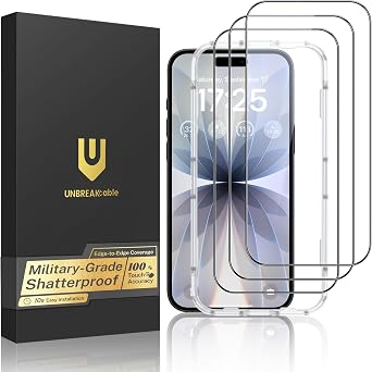 UNBREAKcable for iPhone 17 Screen Protector, 3-Pack Full Coverage Tempered Glass Screen [Military Grade Shatterproof] [9H Hardness] [Bubble Free] [Easy Installation] [99.99% HD Clear] for iPhone 17