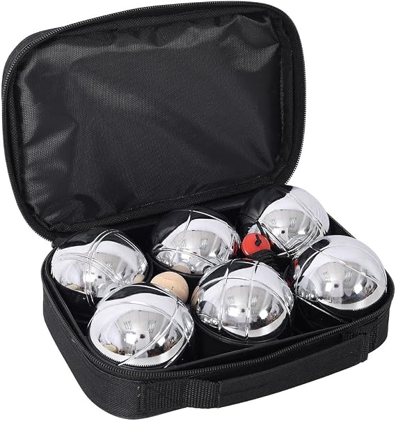 Boccia Ball Set, 6 Steel Balls with Wooden Jack, Measuring Tool & Carry Bag 73mm Petanque Boules Game Set for Adults Outdoor Lawn, Beach, Garden Party Game