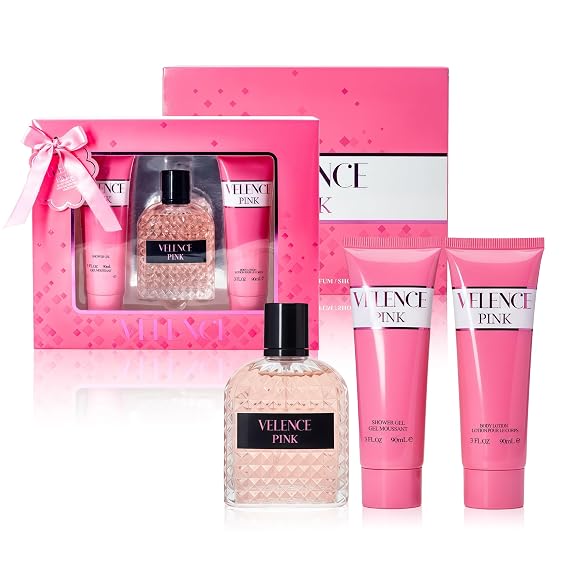 A CENTER Luxury Perfume Gift Set for Women - Eau de Parfum Spray (100ml) with Shower Gel & Body Lotion (90ml Each) - Premium Fragrance Collection with Velvet Pouch (Valence Pink)