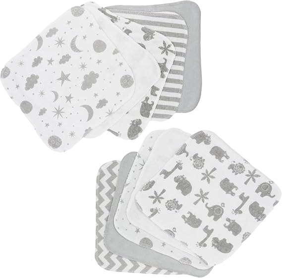Spasilk Washcloth Wipes Set for Newborn Boys and Girls, Soft Terry Washcloth Set, Pack of 10, Gray Celestial