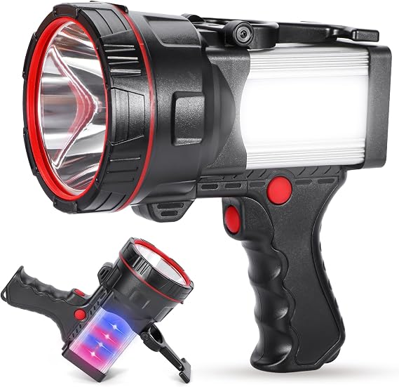 Super Bright Handheld Spotlight Rechargeable LED Flashlight Long Lasting Large Searchlight with USB Output Charger for Outdoor (Yellow Light)