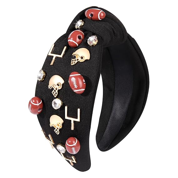 Football Headband for Women Rhinestone Crystal Football Charm Top Knot Headband Black Game Day Sports Hair Band Headpiece Accessories