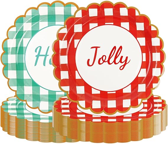 50PCS Christmas Scalloped Paper Plates - 7Inch Red and Green Gingham Dessert Plates Disposable Xmas Holly Jolly Dinnerware Plates for Winter Holiday Party Supplies