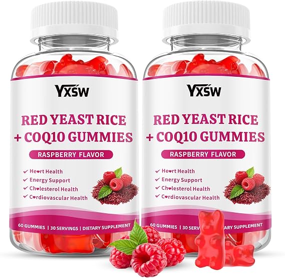 Red Yeast Rice with CoQ10 Gummies, Red Yeast Rice 600mg with CoQ10 30mg Supplements for Energy Support, Sugar-Free, Vegan, Raspberry Flavor, 120 Count