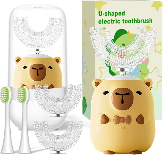 Kids Electric Toothbrushes, U Shaped Ultrasonic Toothbrush,Rechargeable Kids Toothbrush w/Smart Timer, Sonic Toothbrush (Yellow (Ages 26))