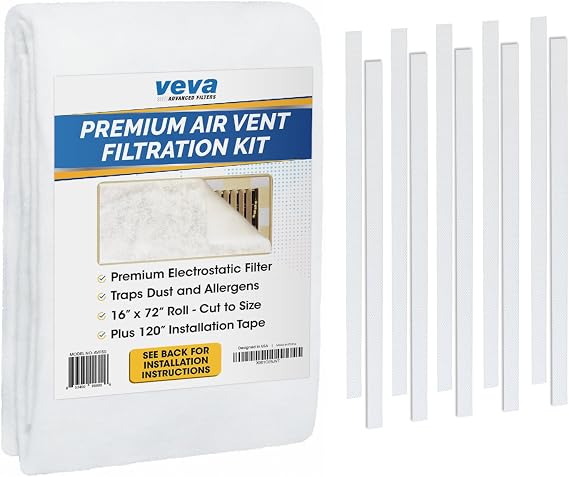 VEVA Premium Air Vent Filters for Home & AC - 72"" x 16"" Electrostatic Media Kit with 120"" Installation Tape - Versatile Customizable Vent Filter Roll for Allergies (30+ Filters per Roll)