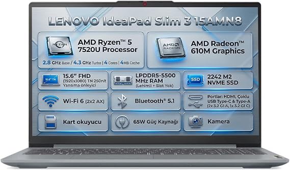 Lenovo IdeaPad Slim 3 15AMN8 | AMD Ryzen 5 7520U | Integrated AMD Radeon 610M Graphics | 15.6" FHD (1920x1080) TN 250nits | 8GB RAM | 512GB M2 NVMe SSD | FreeDOS | 82XQ00RWTX