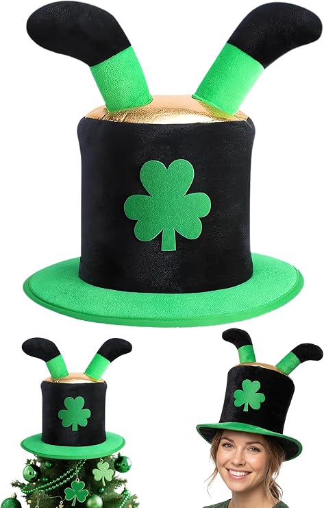 St. Patrick Day Tree Topper Hat, Patrick's Elf Legs Velvet Hat, Irish Green Shamrock Tree Topper Decoration for St. Patrick's Day Party Holiday Decor Fancy Dress Costume