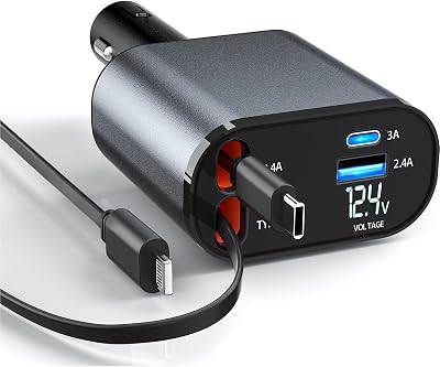 Retractable Car Charger,4 in1 Fast Car Phone Charger with Dual Retractable Cables and 2 Charging Ports Type CLightning Retractable Cords
