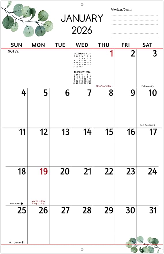 Wall Calendar 2025-2026 - Large Print Calendar, Jul 2025 - Dec 2026, 14.6 x 22.8 In (Open), 18 Monthly Calendar 2025-2026 with Big Numbers, Large Grid, Notes, Moon Phases, Great for Planning