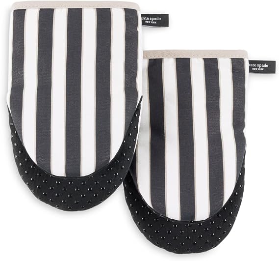 kate spade new york Botanical Stripe Mini Oven Mitt 2-Pack Set, 5.5" x 8", Black/Beige