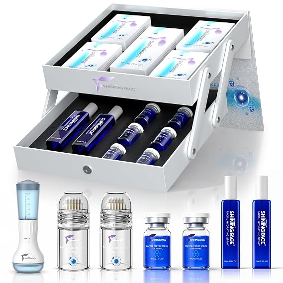 Micro-Infusion System for Face&Neck- 0.25mm Facial Stamp with Hydrating Spray and Blue Copper Peptide for Anti-Wrinkle&Firmer-looking,Easy 5-Minute At Home,Facial Kit for All Skin Types-3Month Supply
