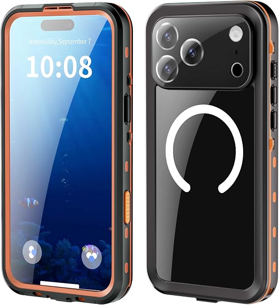 Underwater iPhone 17 ProMax Case IP68 Waterproof, Magnetic, Screen, Orange