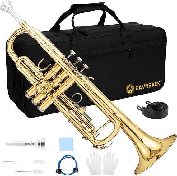 Eavnbaek Bb Standard Trumpet Instrument Brass Student Trompeta Trumpet Set | Protable Hard Case Cleaning Kit 7C Mouthpiece and Gloves, School Band Approved Practice Trumpet Kit For Student Beginners