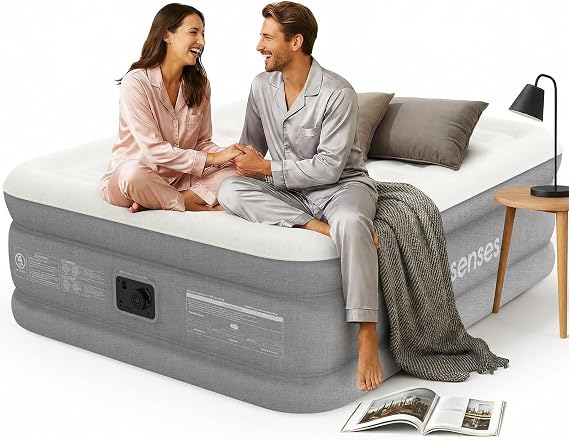 Queen Air Mattress with Built-in Pump 18in, 3-Layer Fabric-Laminated Side Walls Anti-Leak, Honeycomb Coil-Beam Support 800 LBS, 3-Min Inflation Blow up Air Mattress for Home Guests Camping