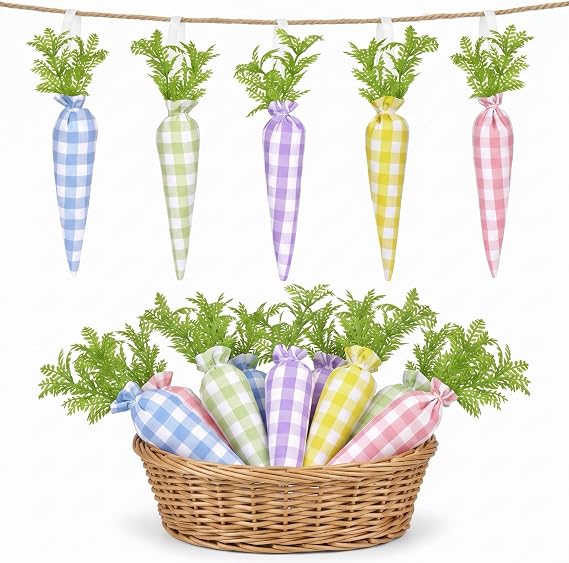 10 Pcs Easter Carrot Ornaments, Buffalo Plaid Fabric Hanging Decor, Pastel