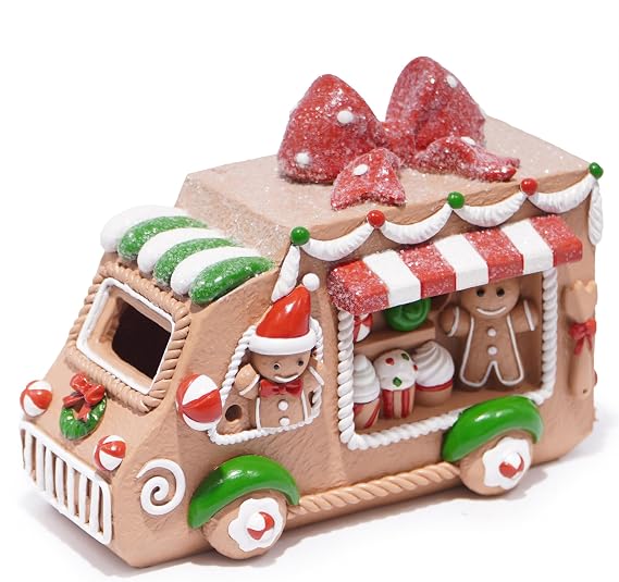 Hodao Gingerbread Sweets Truck Figurine Resin Christmas Decorations for Home, Indoor Tabletop Decor, Candy & Cupcake Details, Cute Holiday Ornaments, Mini Collectible Gift for Families