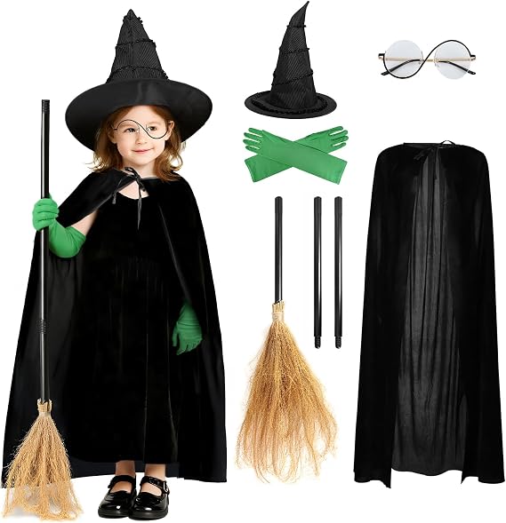 VZQI Kids Witch Costume Set, 5-Piece Hat Cape Gloves Glasses and Broom | Includes black cape, pointed witch hat, green gloves, round glasses and broom; dress