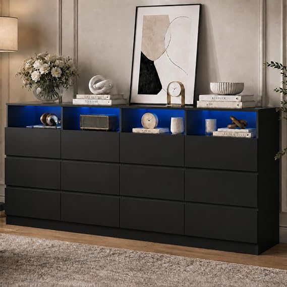 63" 6-Drawer Dresser with Divided Compartments, Power Outlet & LED Lights | Wide TV Stand for TVs up to 75", Large Wood Clothes Organizer with 4 Open Cubbies, Black
