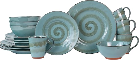 Sango 16-Piece Stoneware Dinnerware Set for 4, Glossy Blue & Green Coffee Mugs, Plates and Bowls Sets with Reactive Glaze, Ceramic Dish Set, Elegant Dishes, Microwave & Dishwasher Safe, Toren Denim