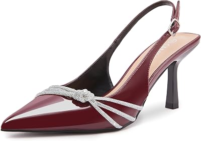 CAMSSOO Womens Slingback Kitten Heels Patent Leather Closed Pointed Toe Stiletto Pumps with Rhinestones Dress Shoes Party Prom Wedding
