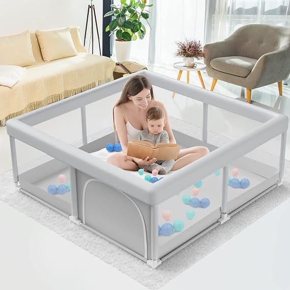 Baby Playpen, Playpen for Babies and Toddlers with Gate, 51x51 Small Baby Fence, Sturdy Safety Playpen, Indoor & Outdoor Kids Activity Center (with Anti-Slip Base)