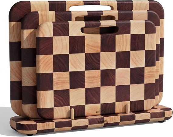 SMIRLY Cutting Board Set - 3 Piece Rubberwood Cutting Boards with Stand | Double-Sided Wood Cutting Board, Checkered Cutting Boards Non Toxic for Meat Vegetable Fruit, Food-Grade
