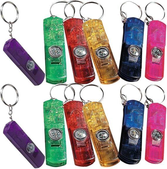 3 in 1, Whistle / Compass / Flash Light Key Chain - Set of 12 - Handouts and Party Favors